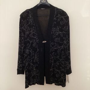 VIKKI VI Black Silver Sparkling Floral Slinky Knit Open Front Cardigan Jacket 3X